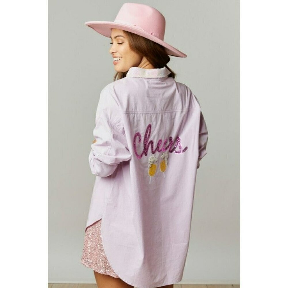 Mimosa Brunch Sequin Patch Poplin Oversize Shirt in Lavender - Picture 2 of 8
